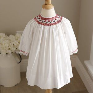 White Smocked Bishop Dress Bailey Boys Red Green Embroidery LIKE NEW PERFECT